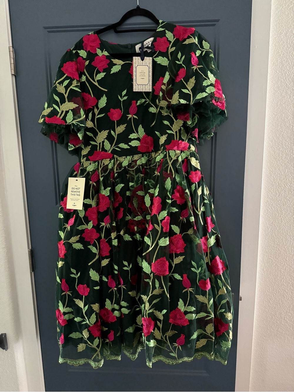 JessaKae Dark Green Dress with Bright red Rose Embroidery